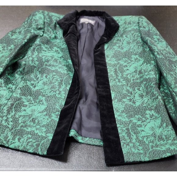 VINTAGE 80s Black Green Wool Velvet floral blazer Jaquard Brocade size 8/9 - Picture 2 of 7